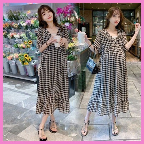 M-4XLชุดคลุมท้องฤดูร้อนลายกริดสไตล์ฝรั่งเศส เนื้อโพลีเอสเตอร์85% Vคอปรับรูปร่าง:ไตรมาสแรกถึง