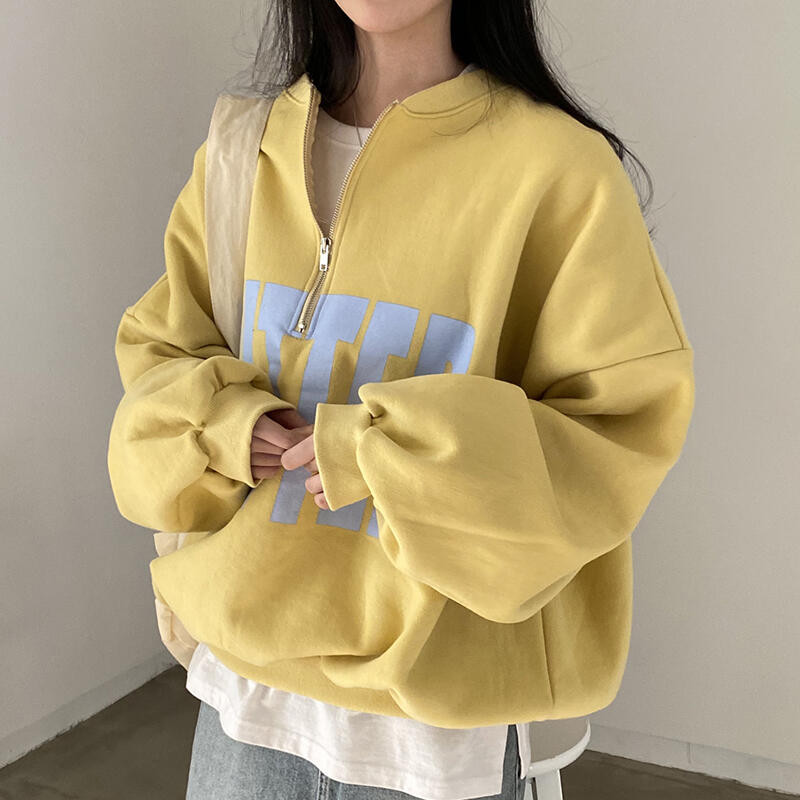 Solovely ผู้หญิง สไตล์เกาหลี แขนยาว เสื้อกันหนาว พิมพ์ลาย โอเวอร์ไซส์ ซิปครึ่งตัว เสื้อสเวตเตอร์