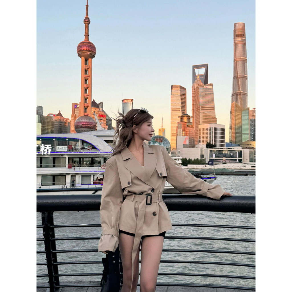 Shanmieleng สไตล์เกาหลี High-End Windbreaker แจ็คเก็ตผู้หญิงฤดูใบไม้ร่วงสไตล์ใหม่ผู้หญิง Double-Breasted กลางความยาวแคบ-เอวด้านนอกเรา