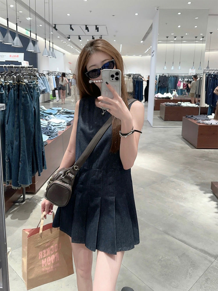 Retro Art ชุดเดรสเสื้อกั๊กยีนส์ผู้หญิงฤดูร้อนสไตล์ใหม่