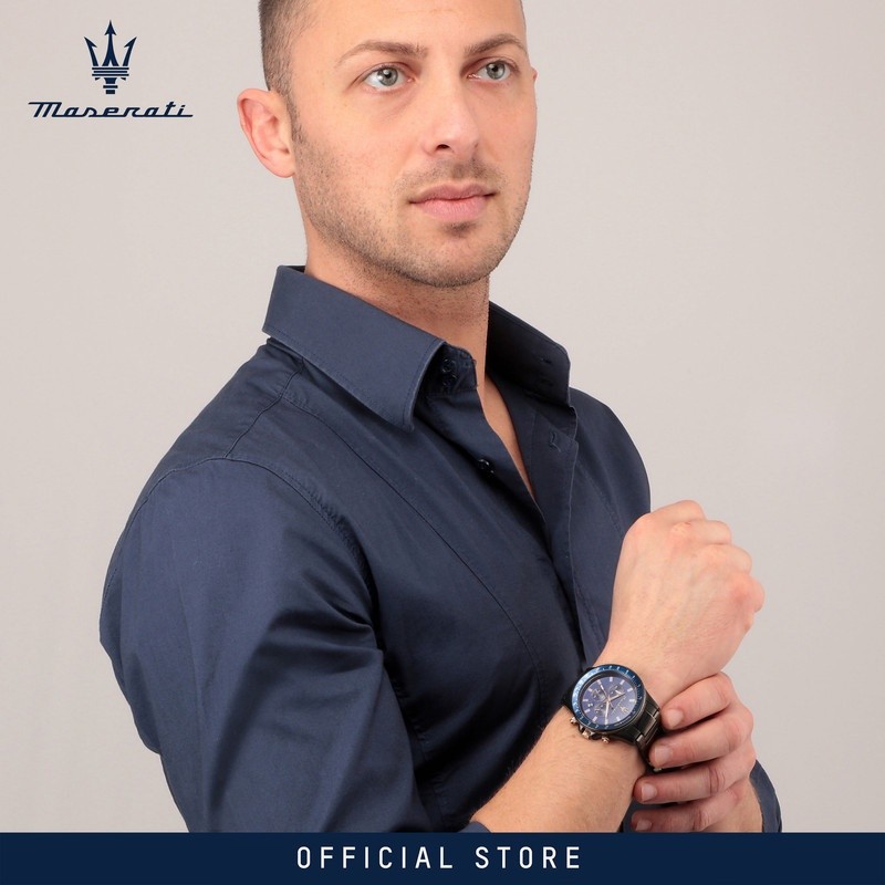 【2 Years Warranty】 Maserati Sfida 44mm Blue Dial Dark Grey Stainless Steel Chronograph Men's Quartz