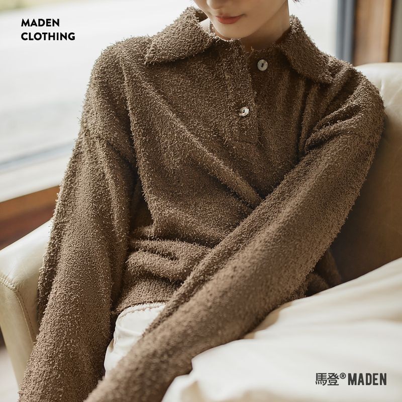 ♞,♘,♙  Yadan สไตล์คาราเมลสีน้ําตาลขนแกะเสื้อกันหนาว Mocha Mousse คริสต์มาสบรรยากาศ POLO เสื้อ Furry
