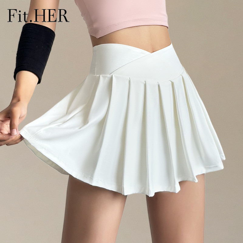 Fit.HER พอดี.ของเธอ กีฬากระโปรงผู้หญิงฤดูร้อนป้องกันแสงสะท้อนกางเกงโยคะวิ่งออกกําลังกายเสื้อผ้าแห้งเร็วระบายอากาศเอวสูงจีบกระโปรงเทนนิส