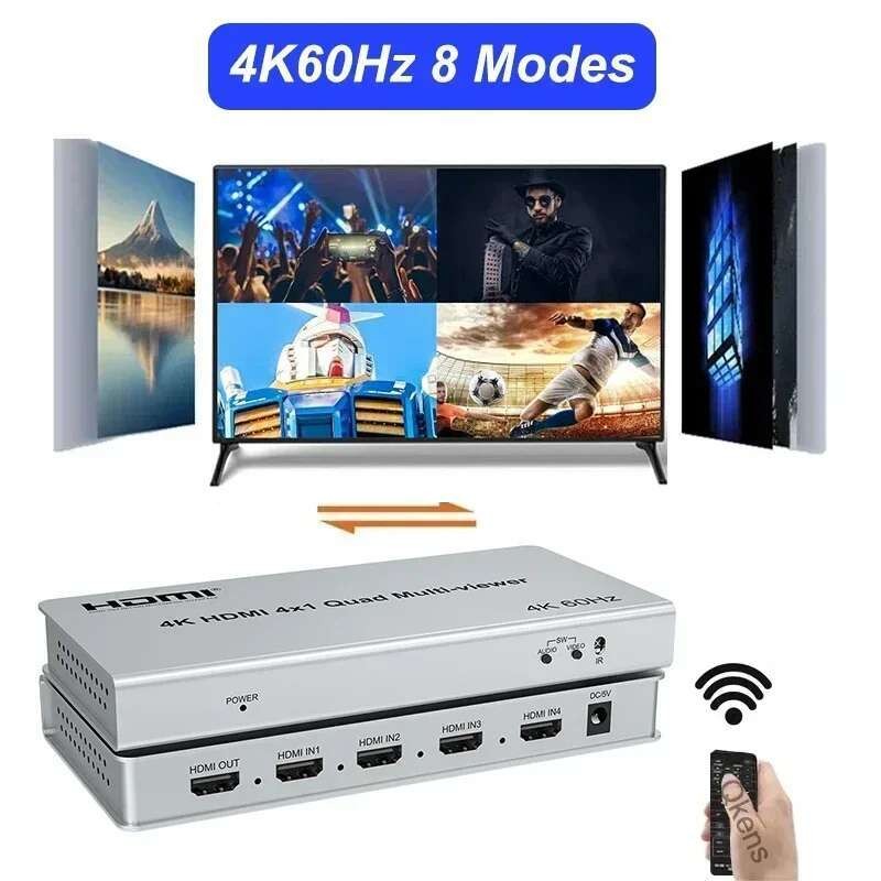 4Kp60 4x1 HDMI Multiviewer 4 in 1 Out Quad Screen Seamless Switcher PIP 90° 180° Flip 1080p 4k HDMI 
