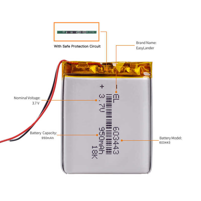 Δ 603443 3.7V 950Mah 583443 แบตเตอรี่ลิเธียมไอออน / ลิเธียมไอออ