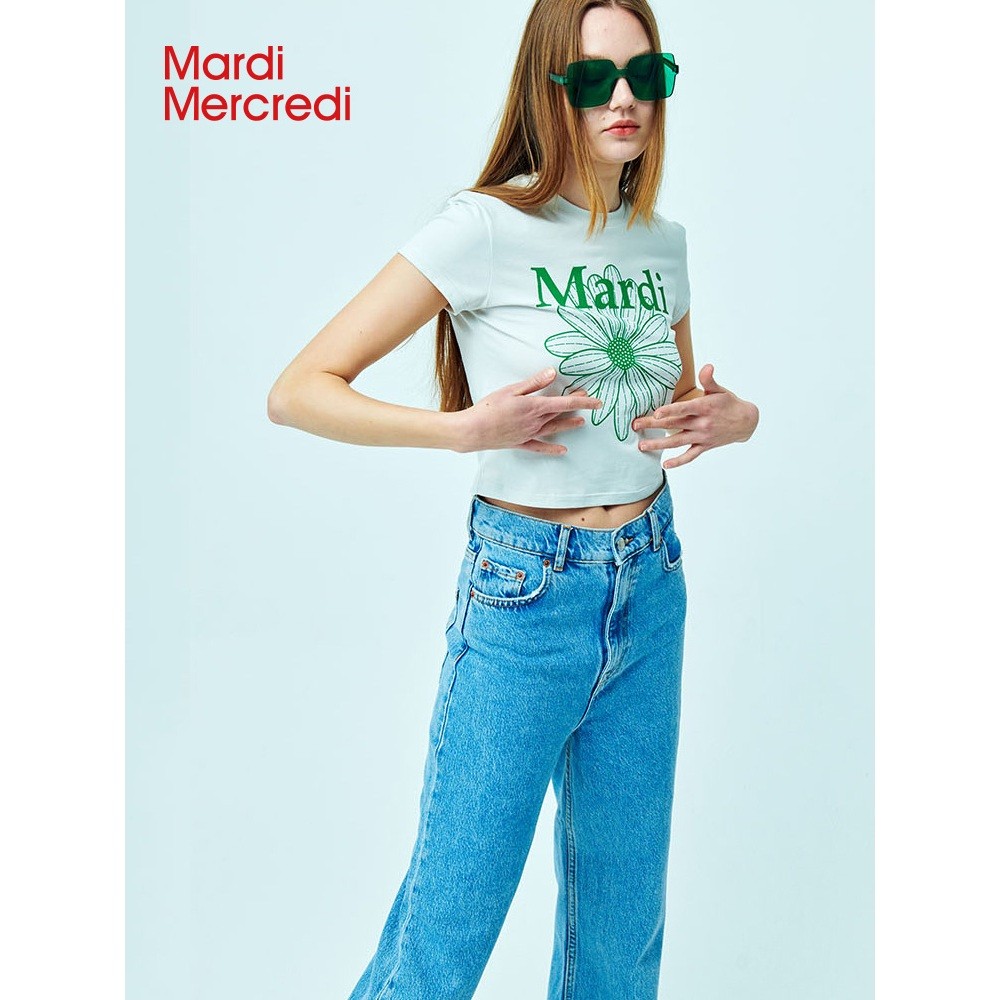 ♞【Official Store】 พร้อมส่งMardi Mercredi SLIM TSHIRT FLOWERMARDI เสื้อยืดพิมพ์สั้น ของแท้ 100% DA