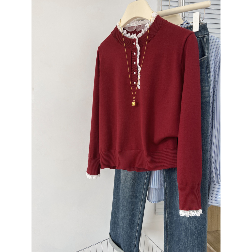 80534 ครึ่งคอเต่าลูกไม้เย็บแขนยาวเสื้อกันหนาวสีแดง