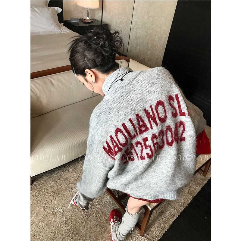 Shanmieleng เกาหลีย้อนยุคสไตล์ขี้เกียจคมชัดสีตัวอักษร Drawstring เสื้อกันหนาวฤดูใบไม้ร่วงฤดูหนาว High-End หลวมเสื้อถัก