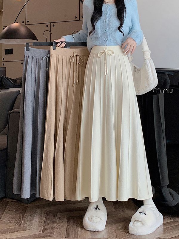 Retro สีทึบ Drawstring Laced-Up กระโปรงถักเอวสูงสไตล์ใหม่เวอร์ชั่นเกาหลี