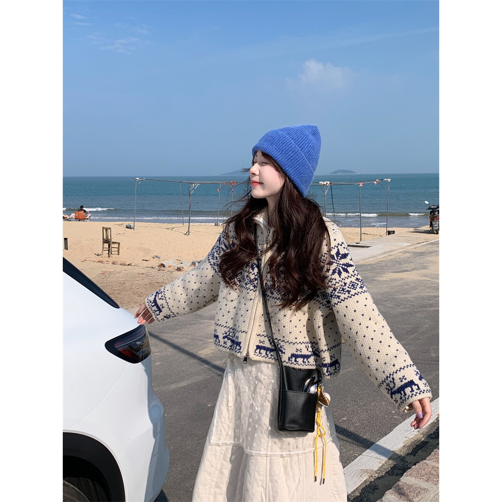 80998 หนาย้อนยุคยืนปกซิปเกล็ดหิมะ ผ้าแจ็คการ์ด เสื้อกันหนาว