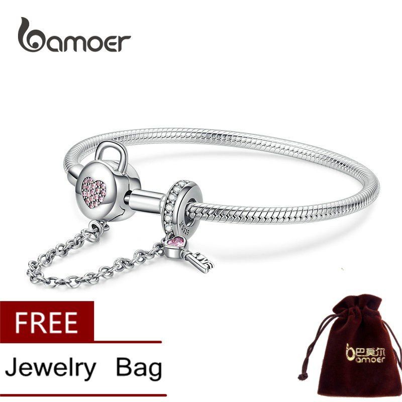 สร้อยข้อมือเงินแท้92.5% Bamore ลายงู ล็อคหัวใจพร้อมจี้กุญแจพลอยชมพู [รับประกันของแท้ 100%]ใหม่มือ1