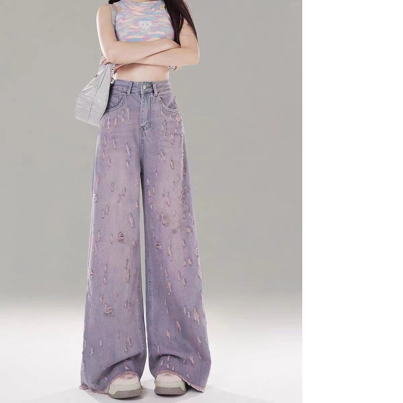 Gs.art กางเกงยีนส์ขากว้างเอวสูงสีม่วงสีชมพู 2025 ฤดูร้อนสไตล์ใหม่ Ripped Frayed กางเกง