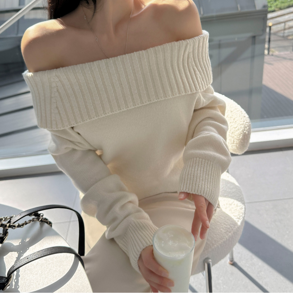 80739 Slimmer เสื้อกันหนาวคอแถบ One-คอ Strapless แขนยาวผู้หญิง สีทึบ
