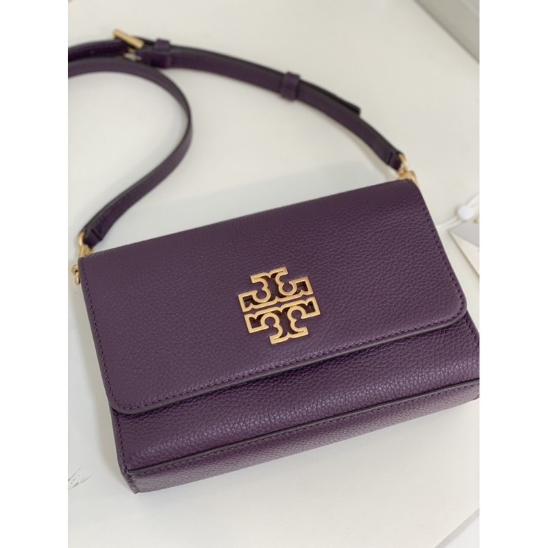 ♞,♘,♙Tory Burch Britten Combo Leather Large Crossbody Messenger  สี Plum Purple  พร้อมส่ง มือ2 ซื้อ