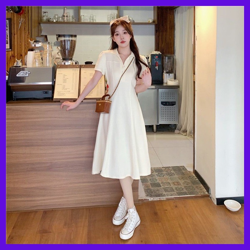 พร้อมจัดส่ง เสื้อเชิ้ตคอโปโลสไตล์เกาหลี2025 เนื้อผ้าโพลีเบาสบาย  เอวรัดรูป+Aไลน์ยาวS-2XL