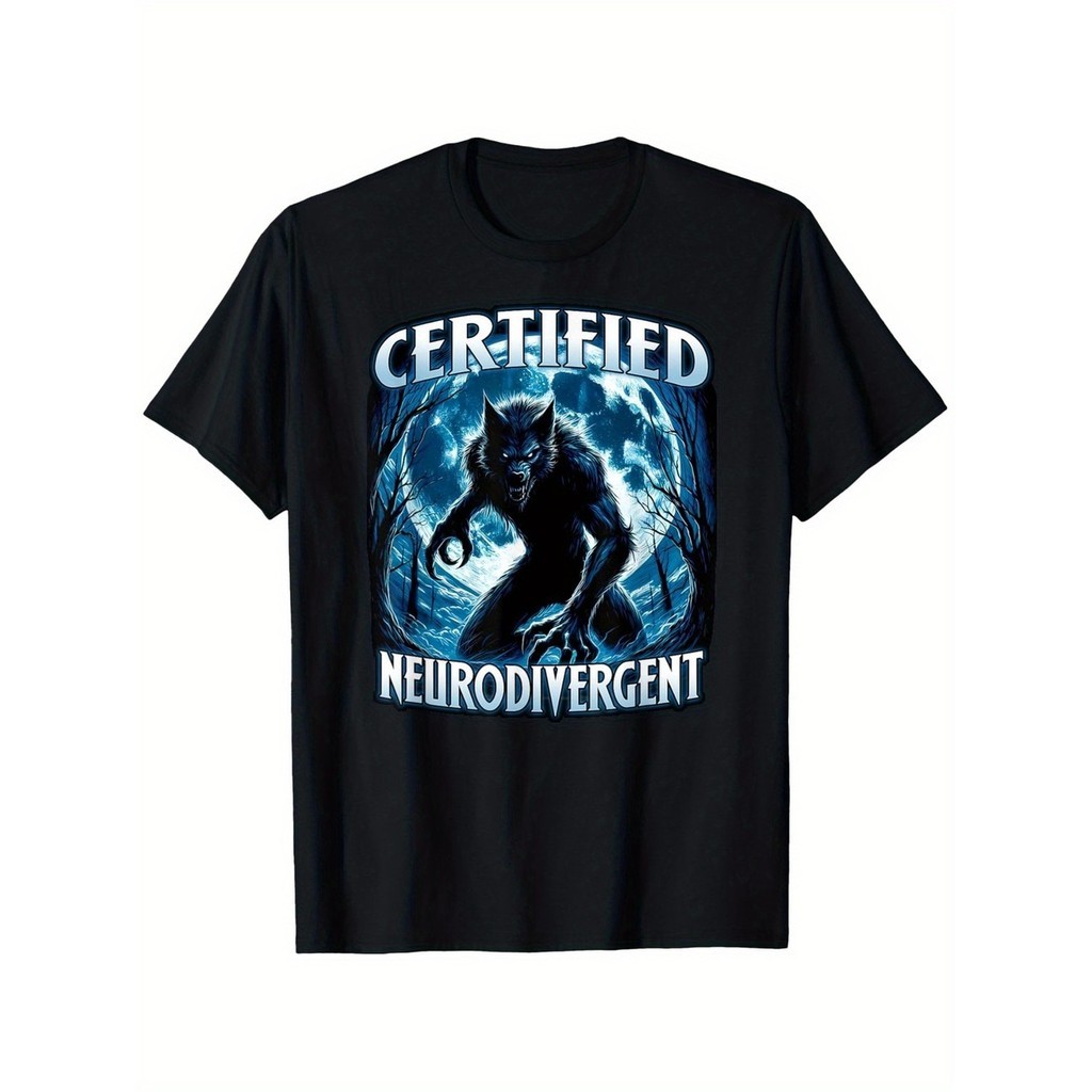 ได้รับการรับรอง Neurodivergent ADHD ออทิสติก Awareness Wolf Graphic เสื้อยืดสําหรับชาย - 180G ผ้าฝ้า