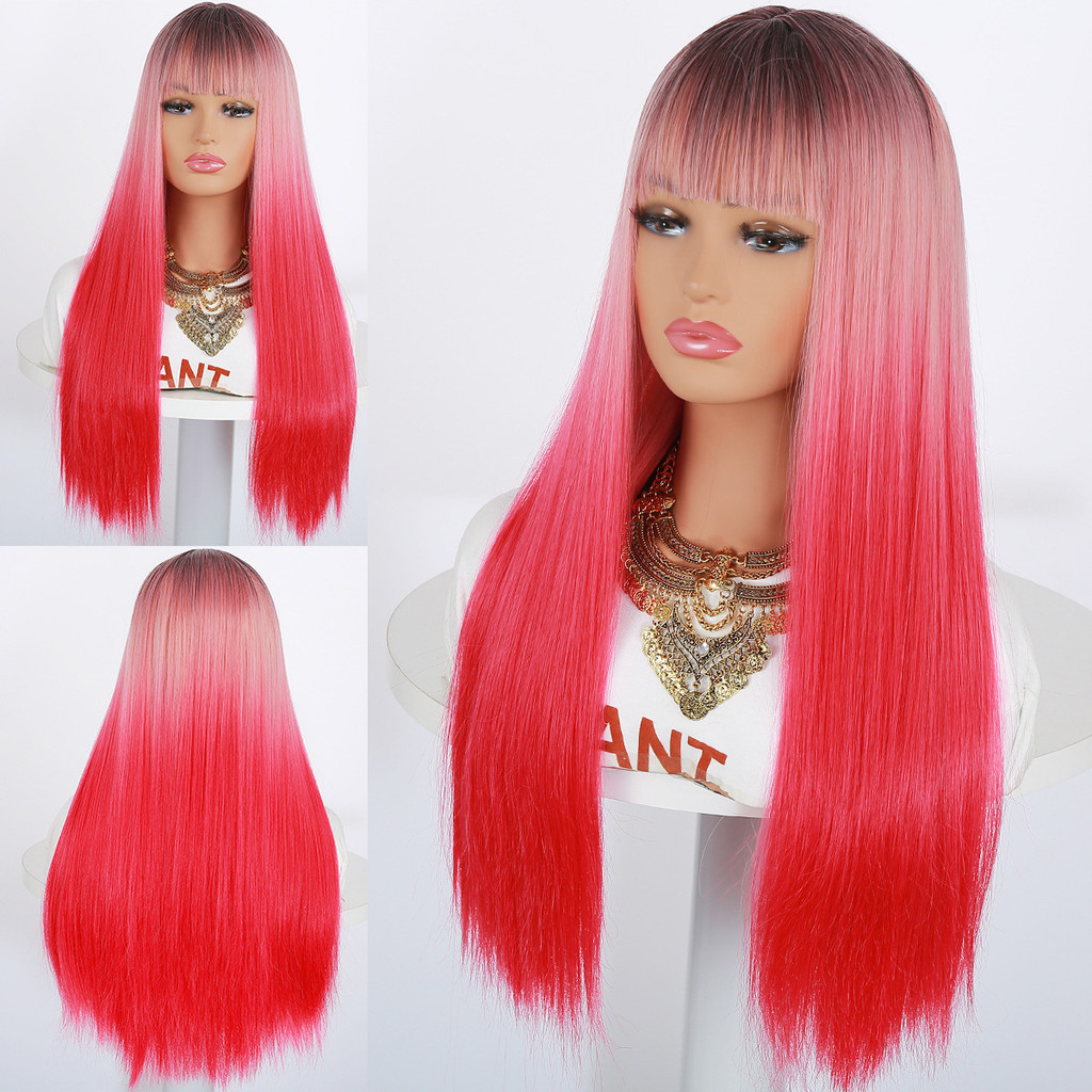 Wig, women's bangs, multi colored gradient long straight hair wig, matte high-temperature silk synth