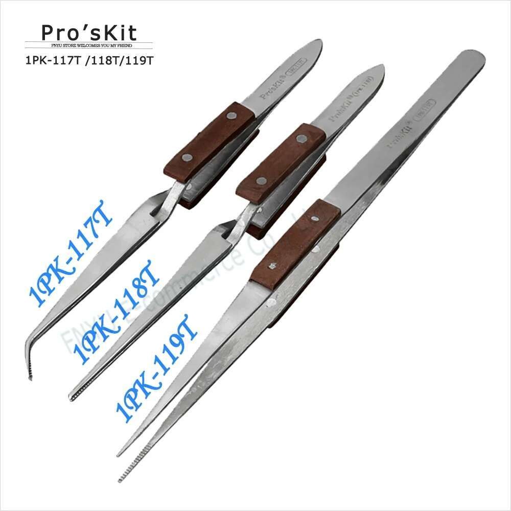 Proskit แหนบแม่เหล็กด้ามไม้ประเภทรีบาวด์หนาแน่นซ่อมเครื่องมือหนีบสแตนเลส 1PK-117T 1PK-118T 1PK-119T