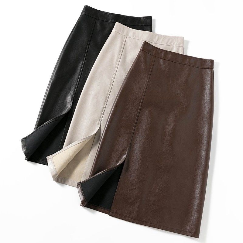 Merad กระโปรงหนังกระโปรงครึ่งความยาวความยาวกลางสไตล์ใหม่เอวสูง Slimmer ดูแยกสีดํา All-Ma