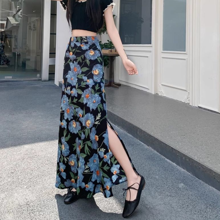 Side Slit กระโปรงชีฟองลายดอกไม้ผู้หญิงสไตล์ใหม่สไตล์ฝรั่งเศสหมื่นชนิดของกระโปรงยาวหางปลาบรรจุสะโพก