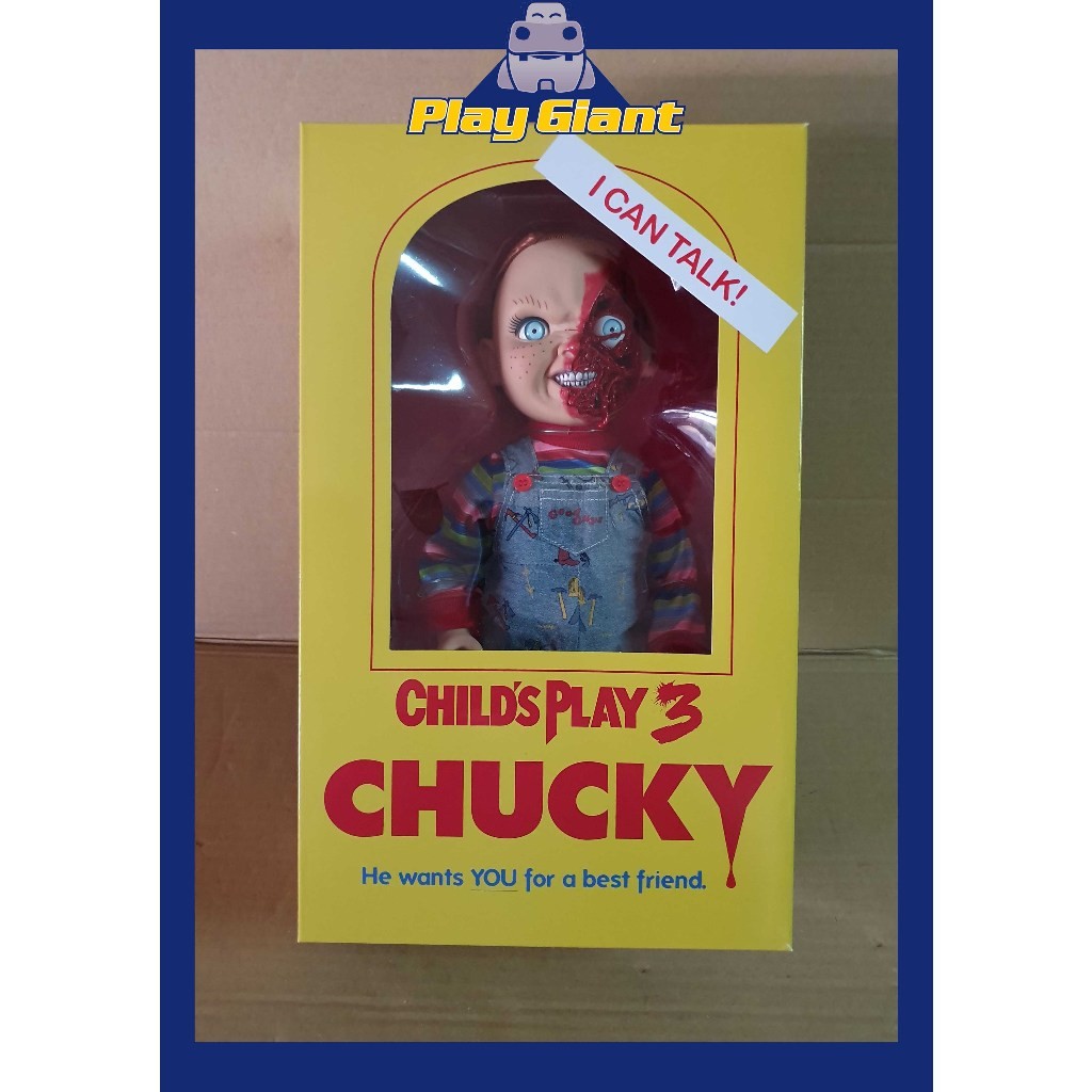 ในสต็อก Mezco Mega-Scale Pizza Face Chucky Childrens Play Talking 15 นิ้วตุ๊กตา