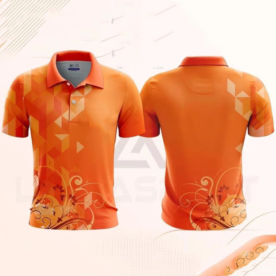 เสื้อโปโลสีส้มสดใส ลายพิมพ์ลายหญ้ากระดิ่งลม(เลือกตราหน่วยงานได้ สาธา สพฐ อปท และอื่นๆ)