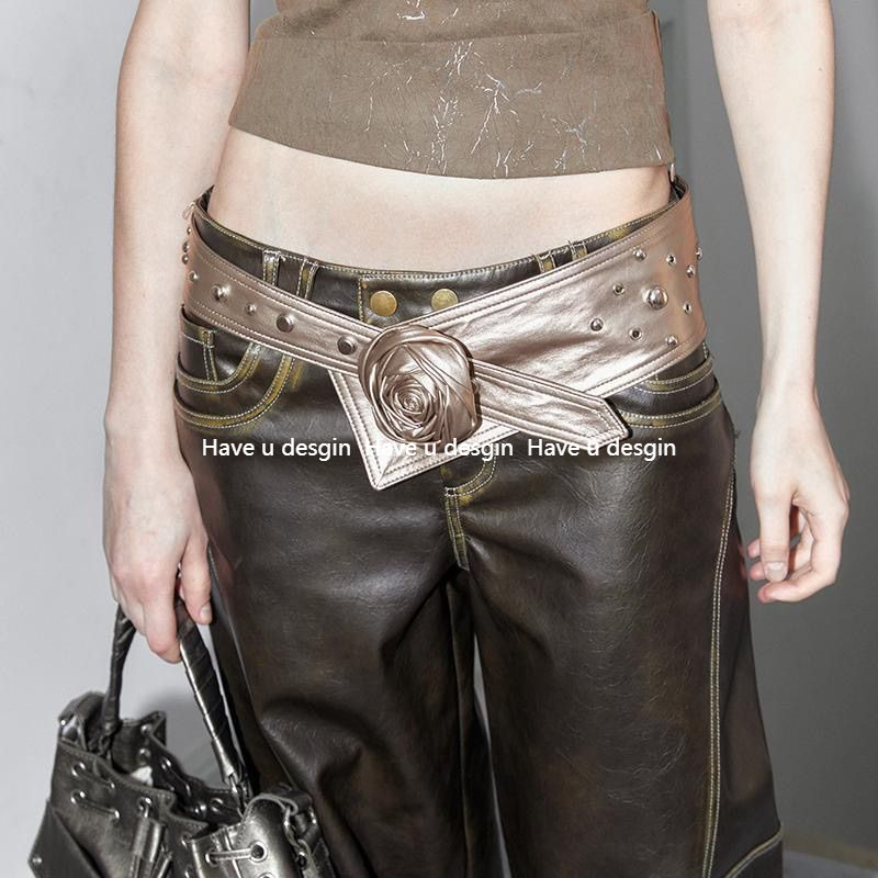 มี u desgin Original Rose Belt Retro Rivet Girdle Y2K Silver Wide Belt Belt Belt Female Wasteland St