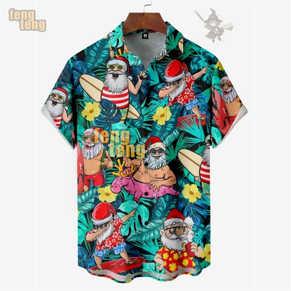 ตลกคริสต์มาสเสื้อซานตาคลอสกราฟิกแขนสั้นเสื้อฮาวายแฟชั่นพิมพ์เสื้อผู้ชายเสื้อผ้าเสื้อขนาดใหญ่สําหรับผู้ชา