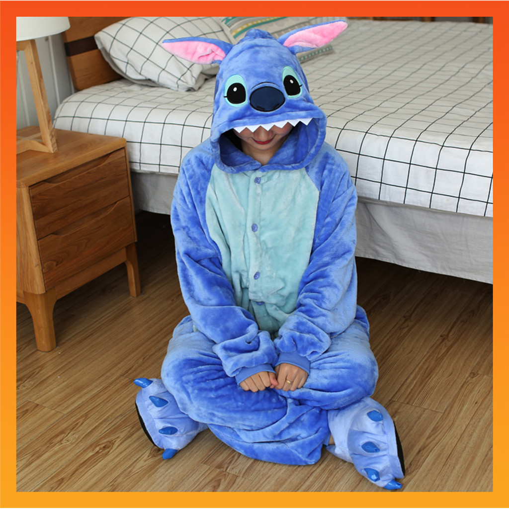 ผู้ใหญ่การ์ตูนวัว Stitch Pikachu ไดโนเสาร์ Onesies ผู้หญิง Flannel แขนยาวชุดนอน Kigurumi Unisex สัตว์ชุดนอนอะนิเมะคอสเพลย์เครื่องแต่งกาย