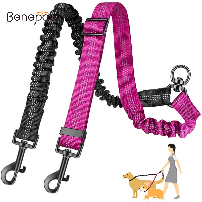 Benepaw Dual สายจูงสุนัข Splitter ปรับยืดหยุ่น Bungee สําหรับสุนัขขนาดใหญ่และขนาดเล็กไม่มี Tangle Shock Absorbing สะท้อนแสงความปลอดภัยสําหรับเดินวิ่งการฝึกอบรม