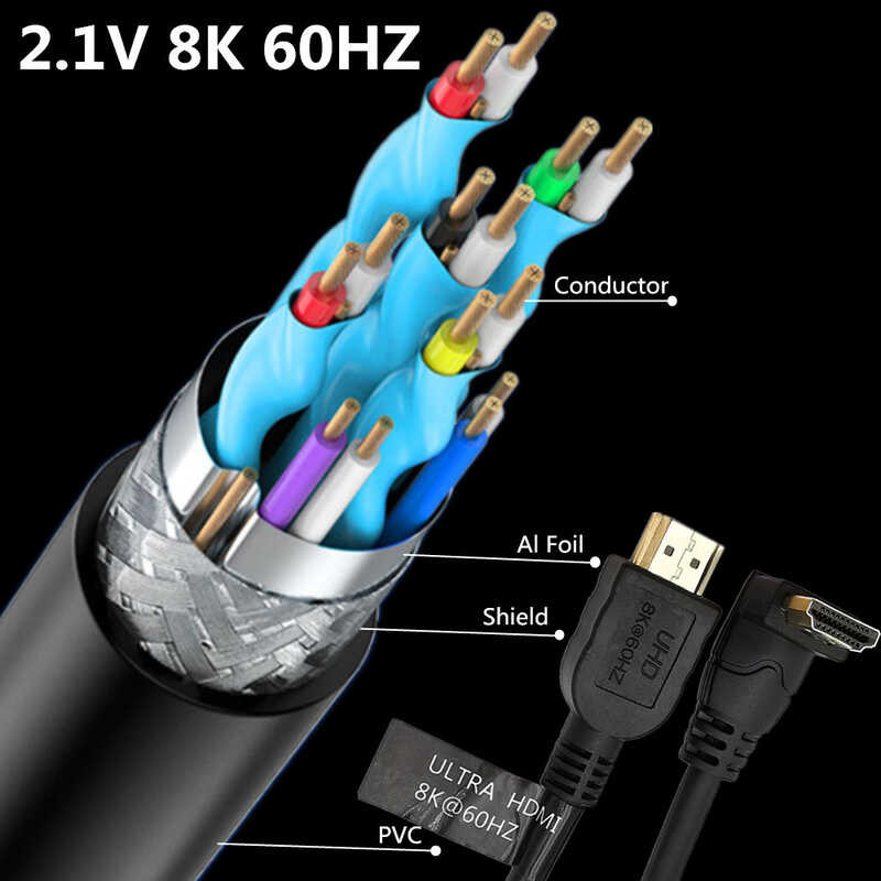 ซ้ายและขวา 90 °โค้ง 2.1 รุ่น HDMI 8K 4K120hz / 8K60hz / 7680X4320 สายเชื่อ