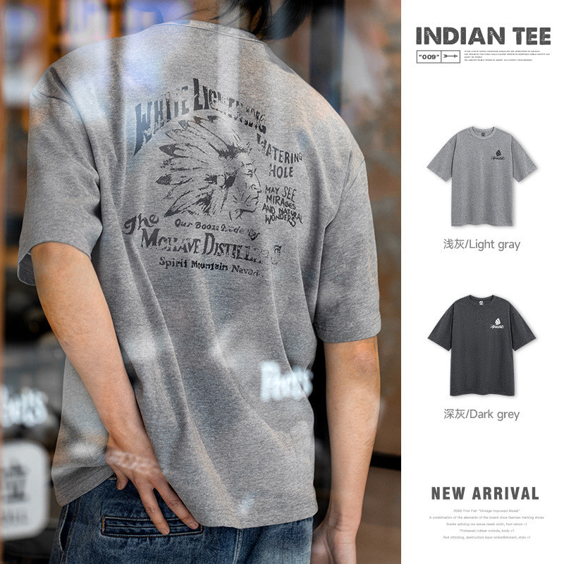 MRA นาย ผู้ชายอเมริกันย้อนยุคอินเดียพิมพ์เสื้อยืดหลวมครึ่งแขนรอบคอหนักแขนสั้นผู้ชายฤดูร้อน