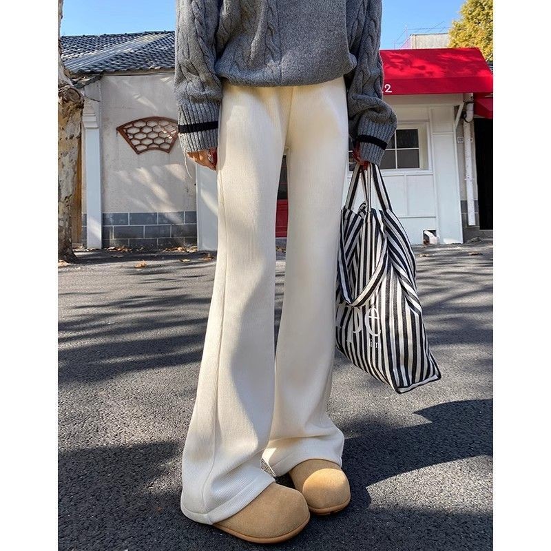 กางเกงไมโครฟลีซถักสีขาวบวกกํามะหยี่หนาเอวสูงลําลอง