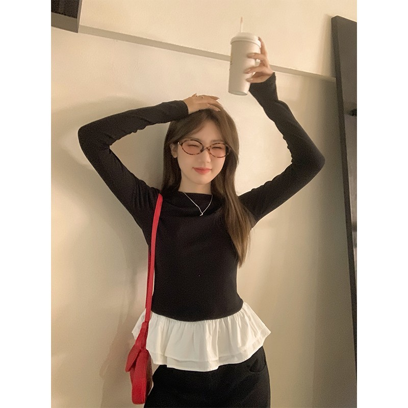 80798 Contrast Color Stitching Lace ปลอมสองชิ้นแปรง Slim-Fit เสื้อแขนยาว Bottoming ด้านบน