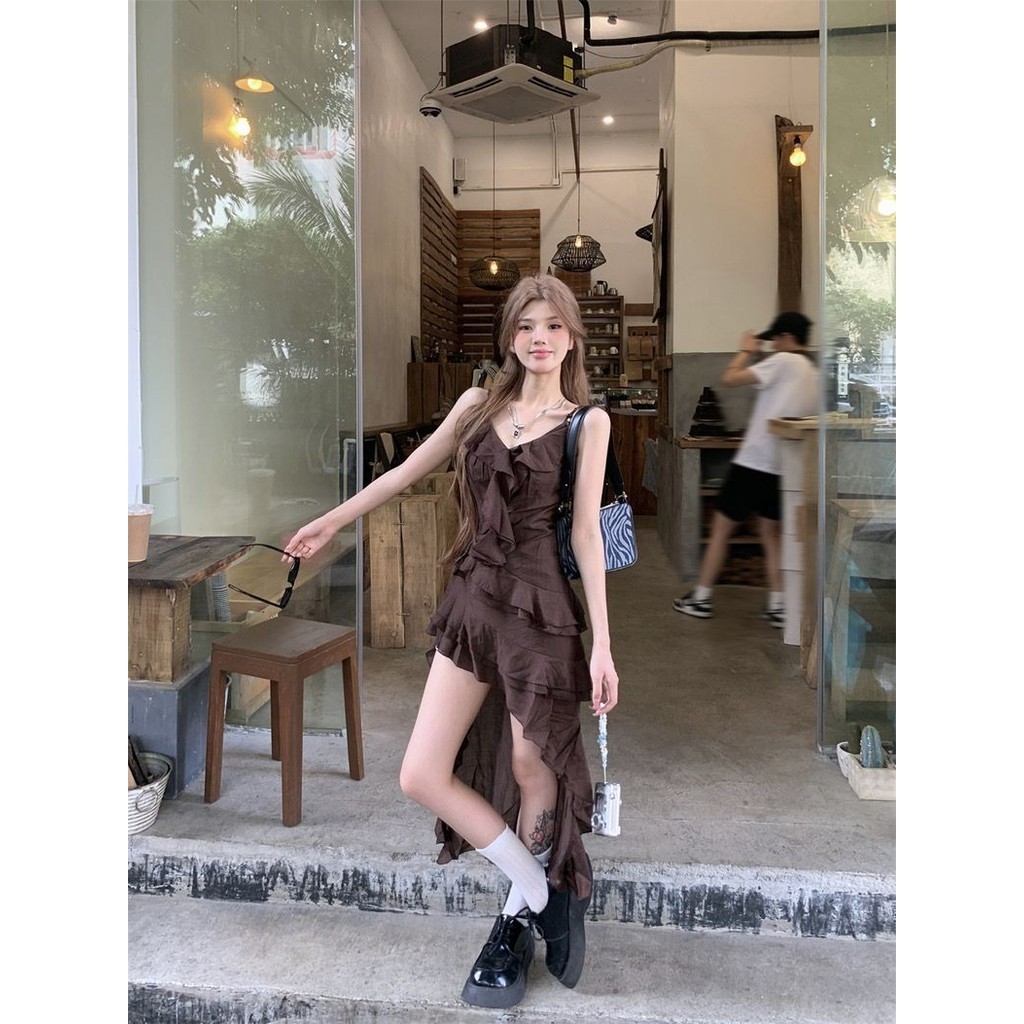 ชุดเดรสจับจีบไม่สม่ําเสมอย้อนยุคฝรั่งเศสกระโปรงแขวนของผู้หญิงกระโปรงยาวทรงเอ