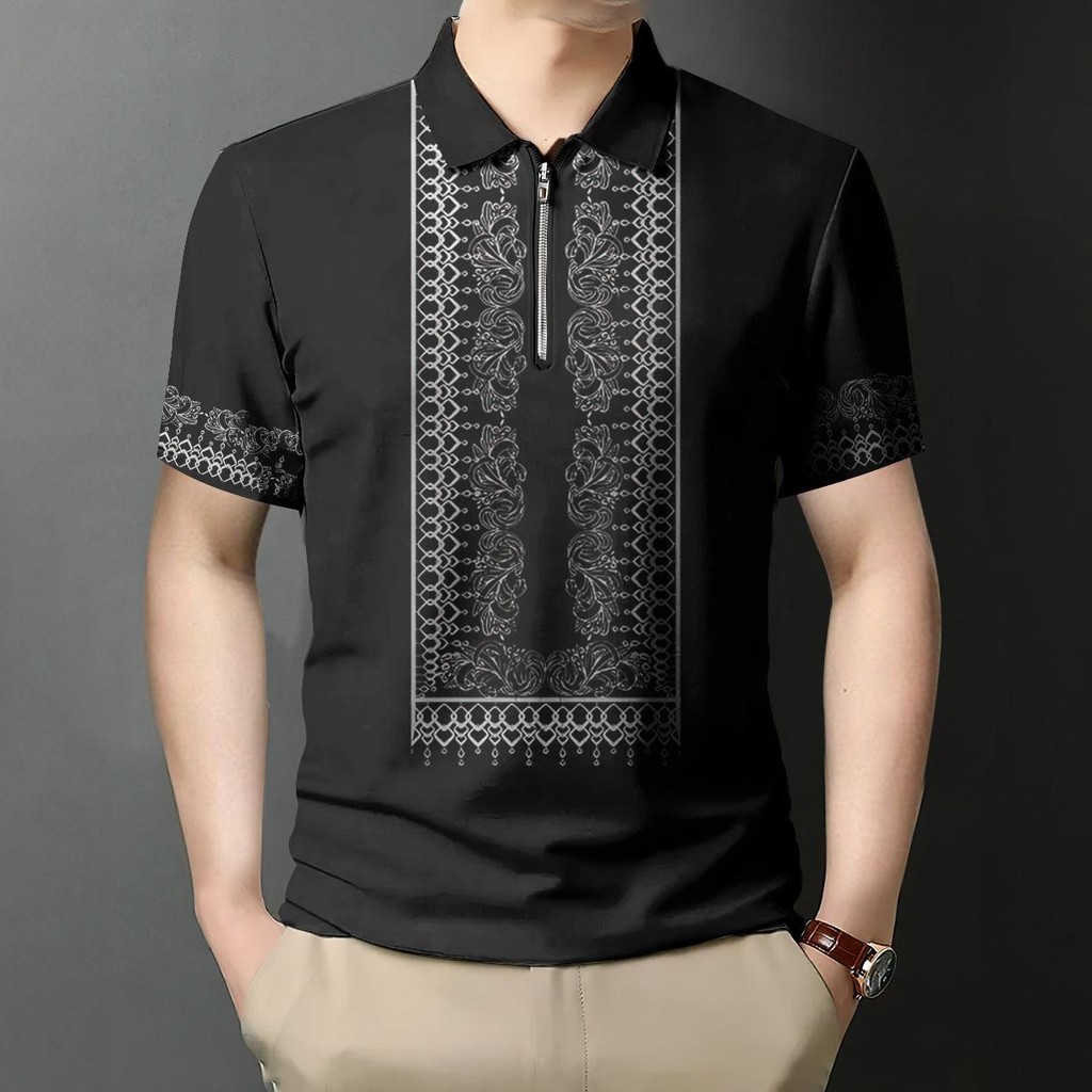 สไตล์ชาติพันธุ์ผู้ชายเสื้อโปโลบารอง วินเทจ อาเซียน ท็อปส์โอเวอร์ไซส์ ย้อนยุค สตรีทแวร์ 02