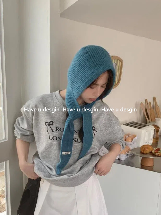 มี u desgin เกาหลี ins Balalapha Hood ผู้หญิงฤดูใบไม้ร่วงฤดูหนาวหนาอุ่นถักขนสัตว์ Lace-Up หนูน้อยหมวกแดง Lei Fen