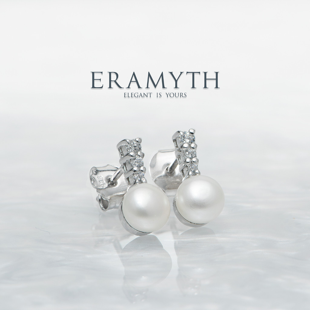 Eramyth Jewelry : ต่างหู ปักก้าน เงินแท้ 92.5 ประดับด้วยมุกแท้และฝังเพชรสวิสCZ SLE-0107-R99 (พร้อมส