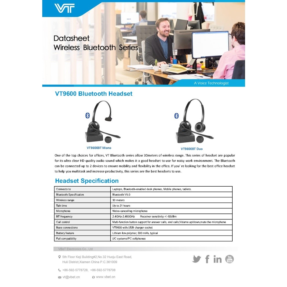VT9600BT-Mono Headset Bluetooth หูฟังแบบข้างเดียว ของแท้ ประกันศูนย์ 2ปี