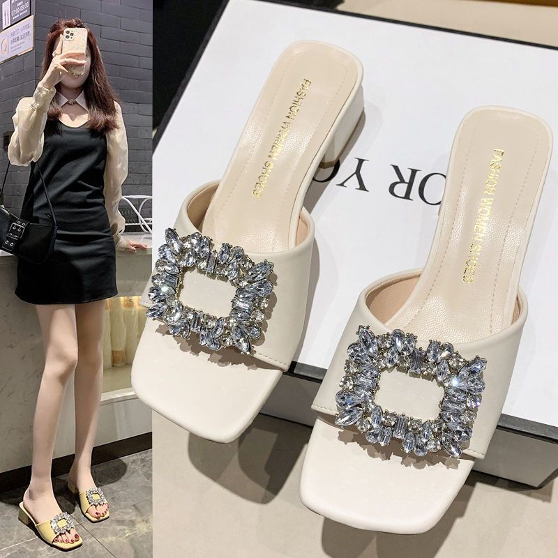 🌸 34-41รองเท้าส้นสูงผู้หญิง รองเท้าแตะส้นสูง เวอร์ชั่นเกาหลี rhinestones ประกาย รองเท้าส้นสูงแฟชั่