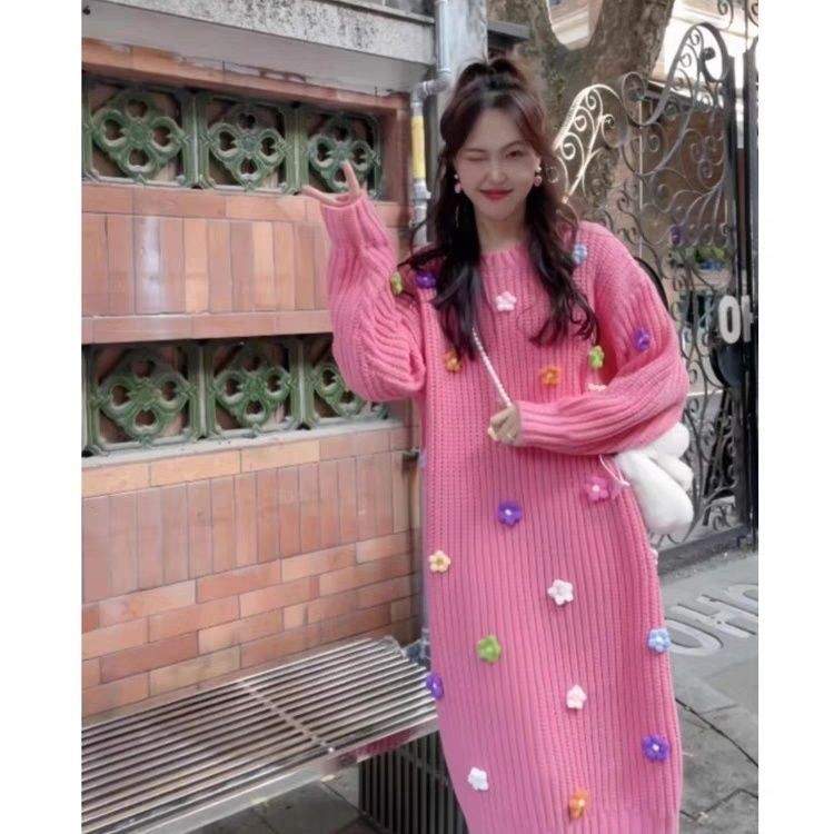 หวานน่ารักสามมิติลูกบอลดอกไม้สีสันสดใสคอกลมเสื้อสวมหัวสไตล์ขี้เกียจชุดถักขนาดใหญ่