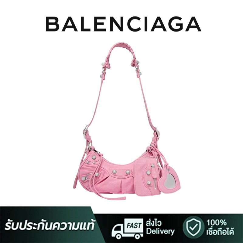 Balenciaga/ Le Cagole  กระเป๋าผ้ายีนส์ตก แต่งด้วยผ้าคลุมไหล่ 1 ใบขนาดเล็กพิเศษสีชมพู  671309210B358