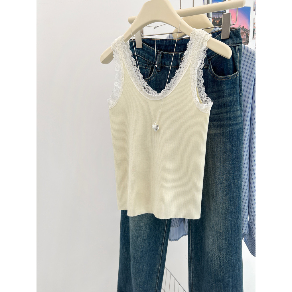 87671 เสื้อกั๊กแขนกุดสีทึบทรงเข้ารูปลูกไม้