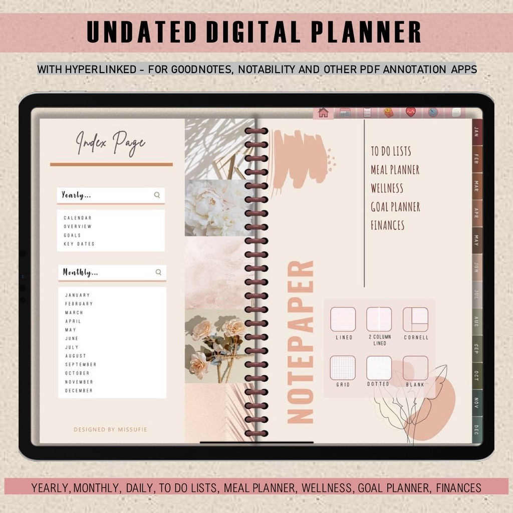 ในสต็อก UNDATED 2024 Digital Planner พร้อมแท็บที่เชื่อมโยงสูงสําหรับ Goodnote ไม่ซึมผ่าน Ipad และ Ta