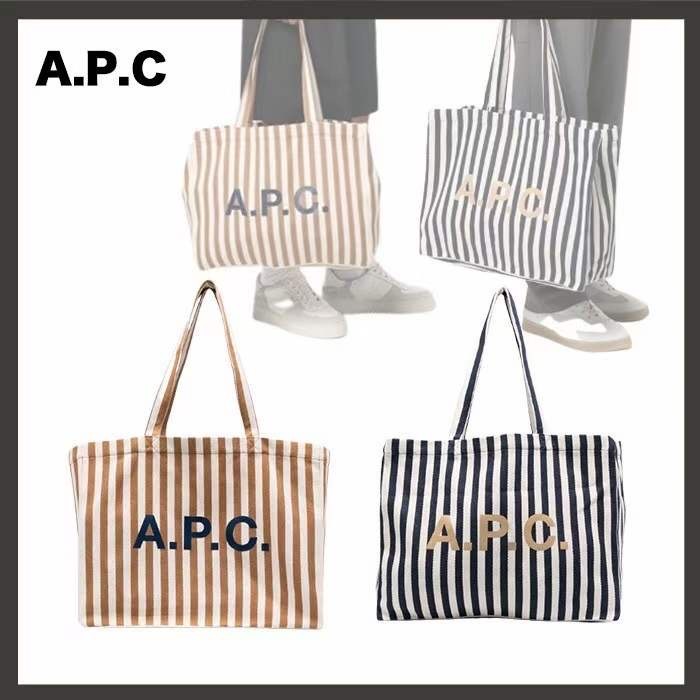 ♞,♘Apc letter flocking print striped canvas tote shoulder bag QX