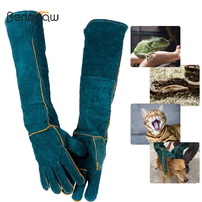 Benepaw สัตว์ Handling ถุงมือสําหรับป้องกันกัดและรอยขีดข่วนทนทาน Cowhide สําหรับสัตวแพทย์ Groomers สัตว์เลี้ยงเจ้าของปลอดภัยสําหรับแมวสุนัขนกสัตว์เลื้อยคลาน