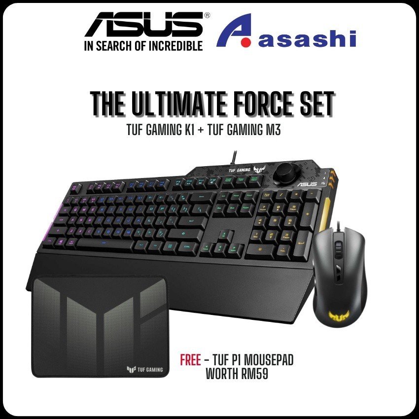 Asus TUF Gaming K1 [คีย์บอร์ด] + TUF Gaming M3 [เมาส์] ฟรี TUF P1 - THE ULTIMATE FORCE SET