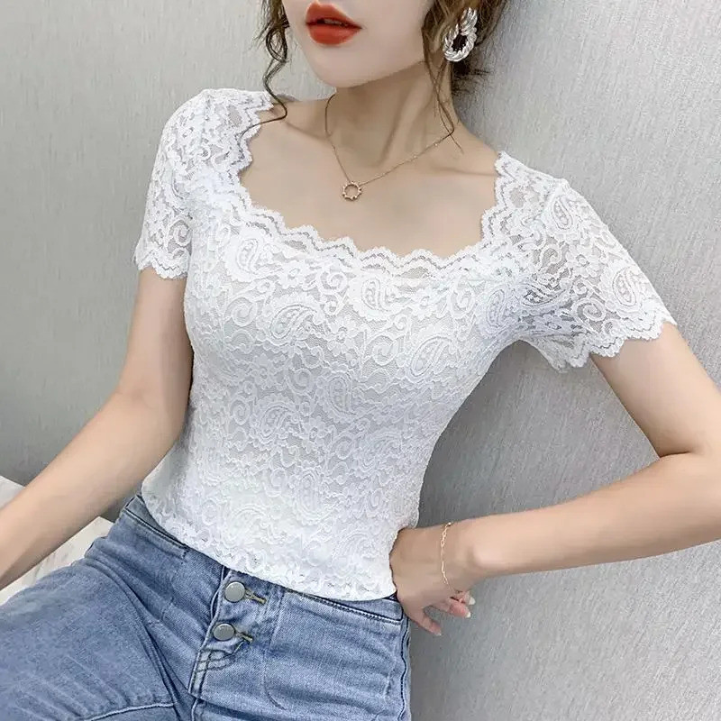 Blouse Lady Lace Top ผู้หญิงแขนสั้นฤดูร้อนคอสแควร์เซ็กซี่เสื้อตัด Blusas Ropa De Mujer