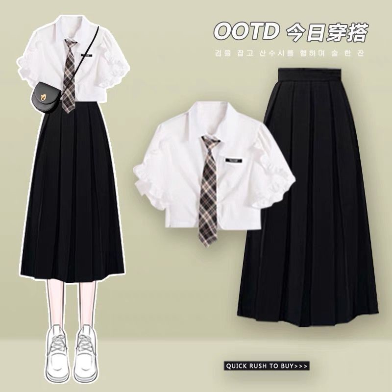 ชุดนักเรียนเกาหลี เซ็ต 3 ชิ้น เสื้อเชิ้ตสีขาว + เน็คไท + กระโปรงจีบสีดำ ชุดกระโปรงเอวสูงสไตล์วิทยาล