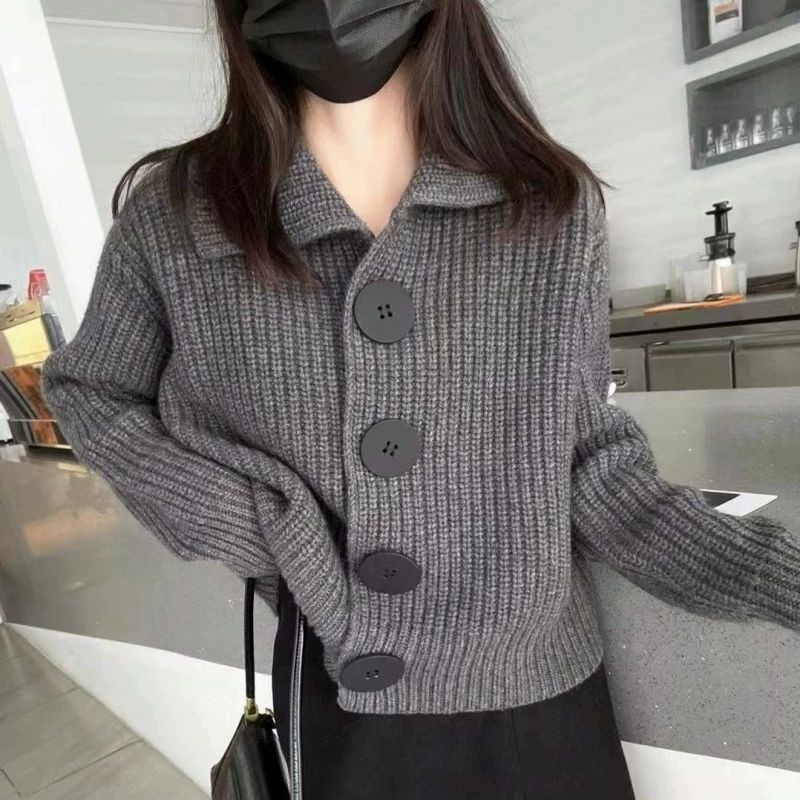 เสื้อคาร์ดิแกนถักผู้หญิงสไตล์เกาหลีฤดูใบไม้ร่วงใหม่แขนยาวหลวมแฟชั่นตัดเสื้อกันหนาว